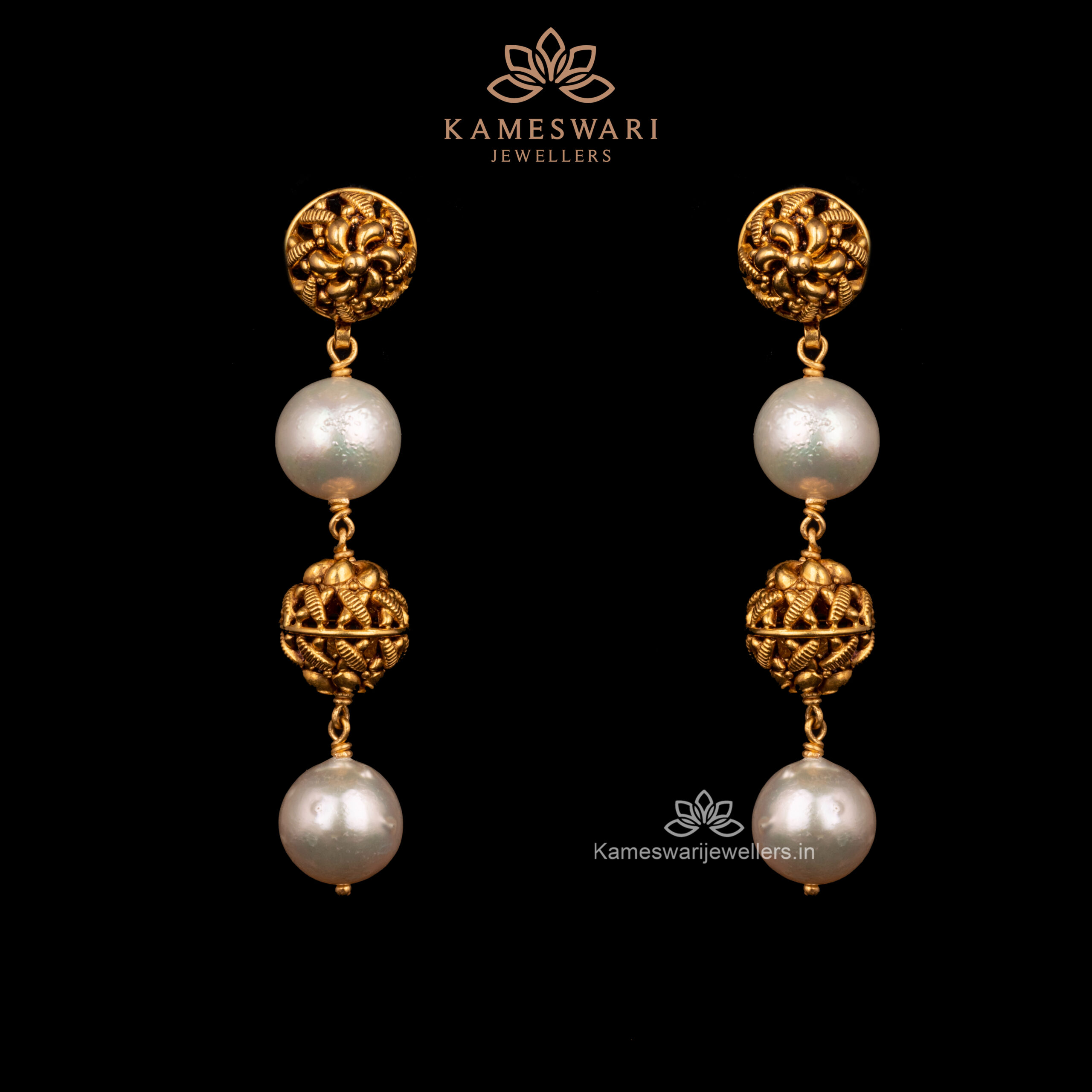 Gold & Pearl Drop Earrings | Kameswari Jewellers Gold & Pearl Drop Earrings | Kameswari Jewellers