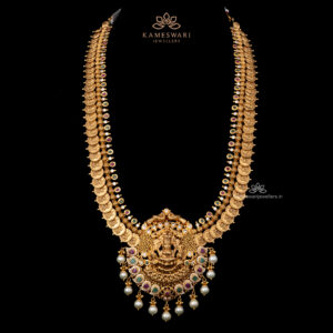 Splendid Pachi Haram with Intricate Lakshmi Design and Pearl Droplets | Kameswari Jewellers