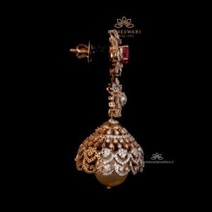 Diamond Jhumka Earrings with Ruby & Pearl Detailing