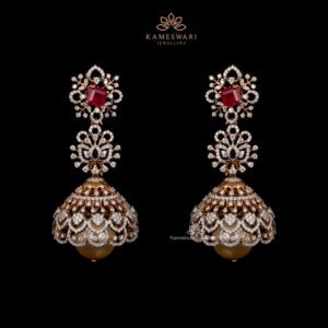 Diamond Jhumka Earrings with Ruby & Pearl Detailing