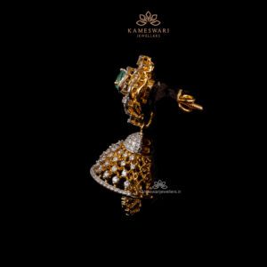 Diamond Jhumka Earrings with Green Stone Detail