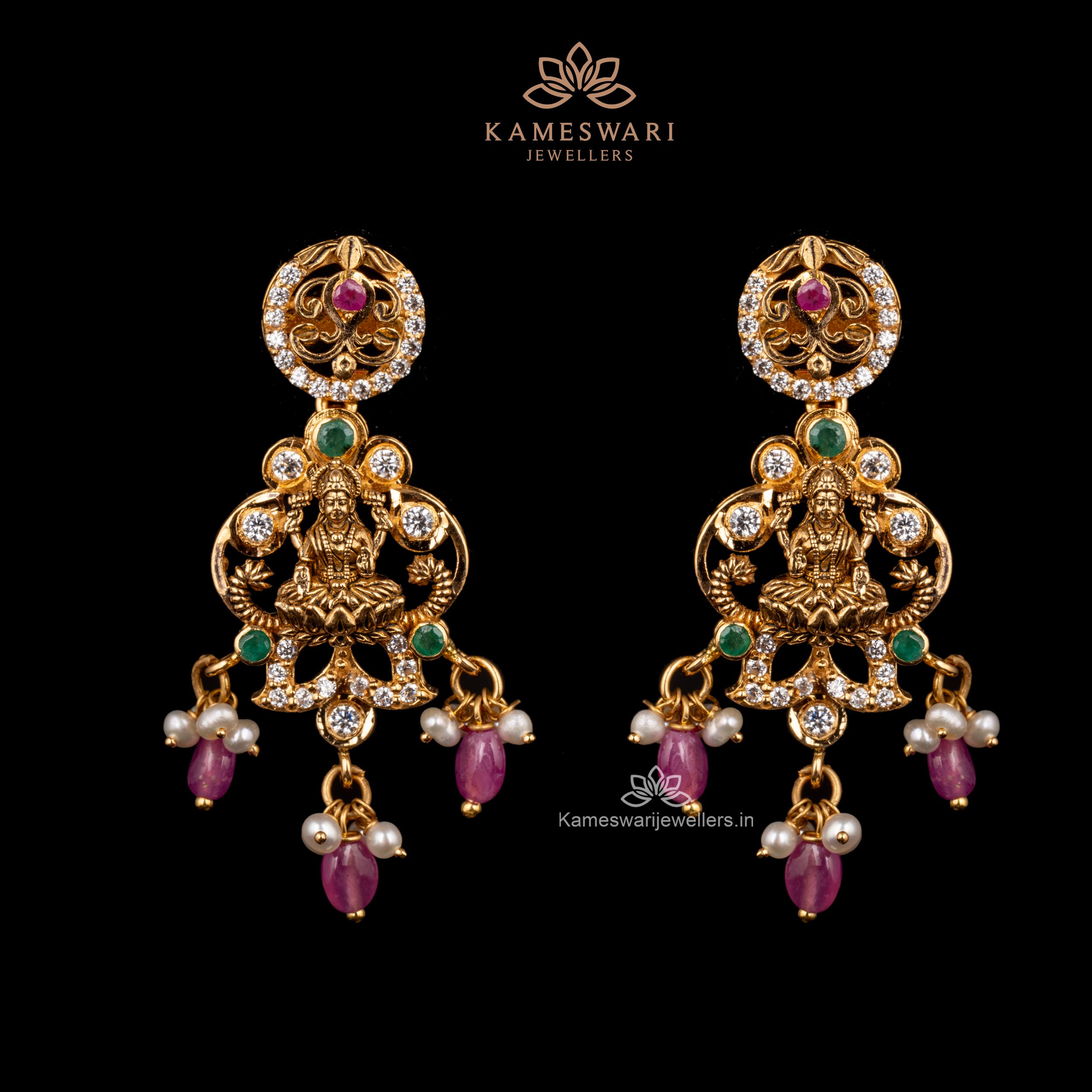 Floral Lakshmi Earrings with Ruby Drops Floral Lakshmi Earrings with Ruby Drops