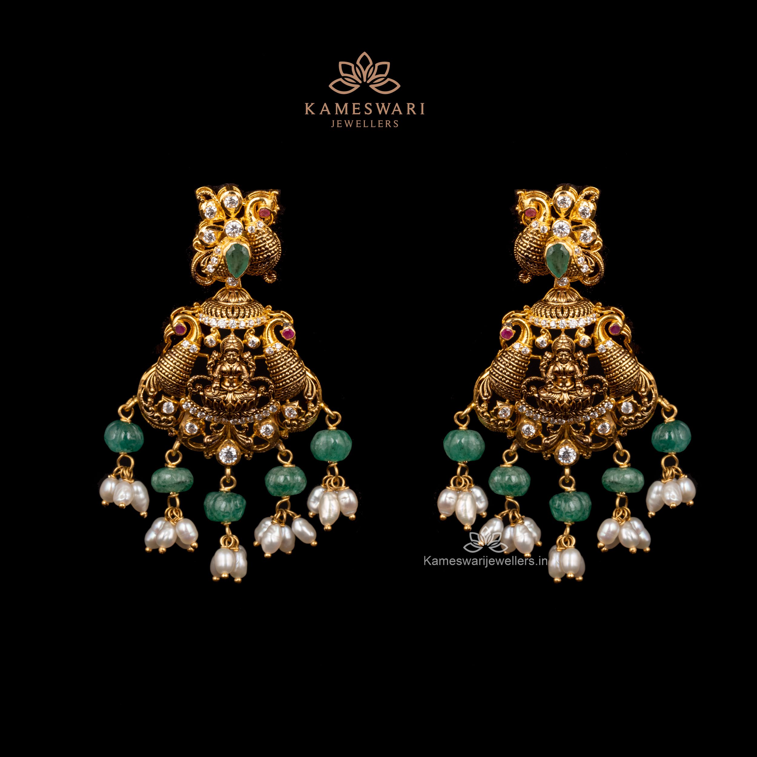 Antique Lakshmi Jhumkas with Emerald Beads Antique Lakshmi Jhumkas with Emerald Beads