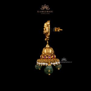Antique Gold Jhumka with Ruby, Pearl & Emerald Drops