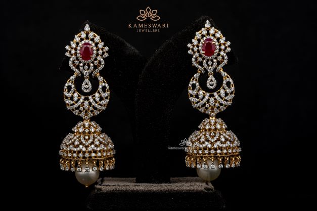 18K Gold '2 in 1' Detachable Diamond Jhumkas - Diamond Dangle Earrings with  Color Stones & South Sea Pearls - 235-DER1918 in 24.150 Grams