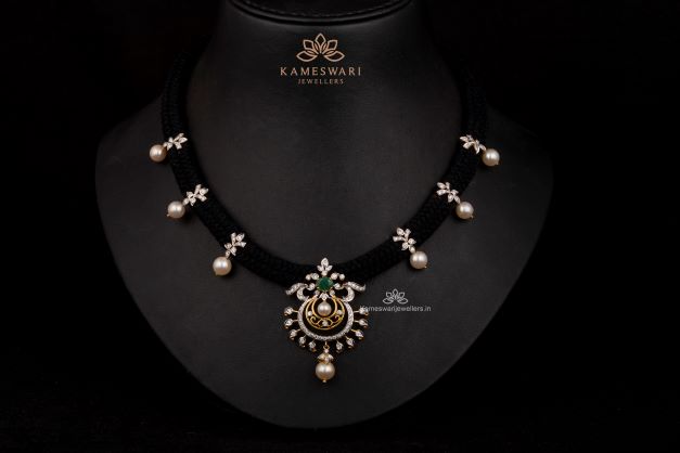 Black thread necklace floral design kemp and cz stone with pearls & go –  Cherrypick
