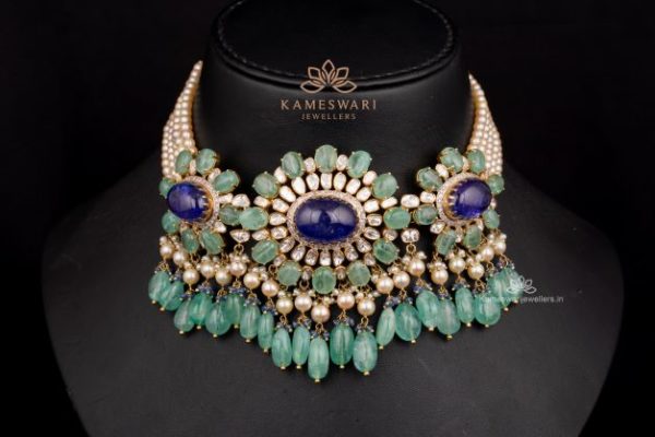 Tanzanite and Polki Necklace Set | Kameswari Jewellers