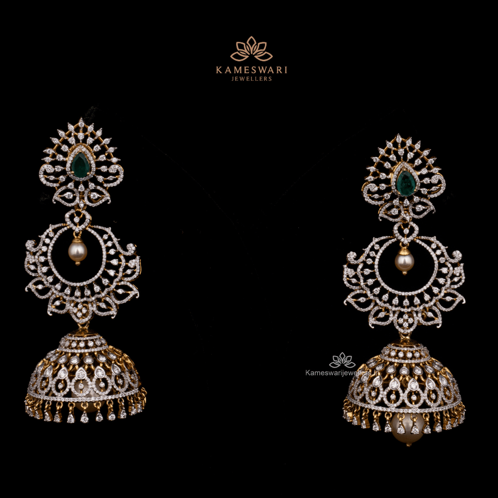 18K Gold '2 in 1' Detachable Diamond Jhumkas - Diamond Dangle Earrings with  Color Stones & South Sea Pearls - 235-DER1730 in 18.800 Grams