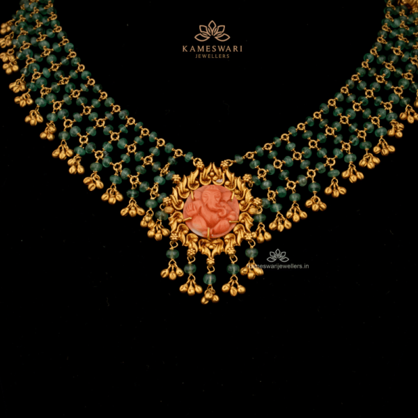 Layered Emerald and Coral Ganesh Necklace