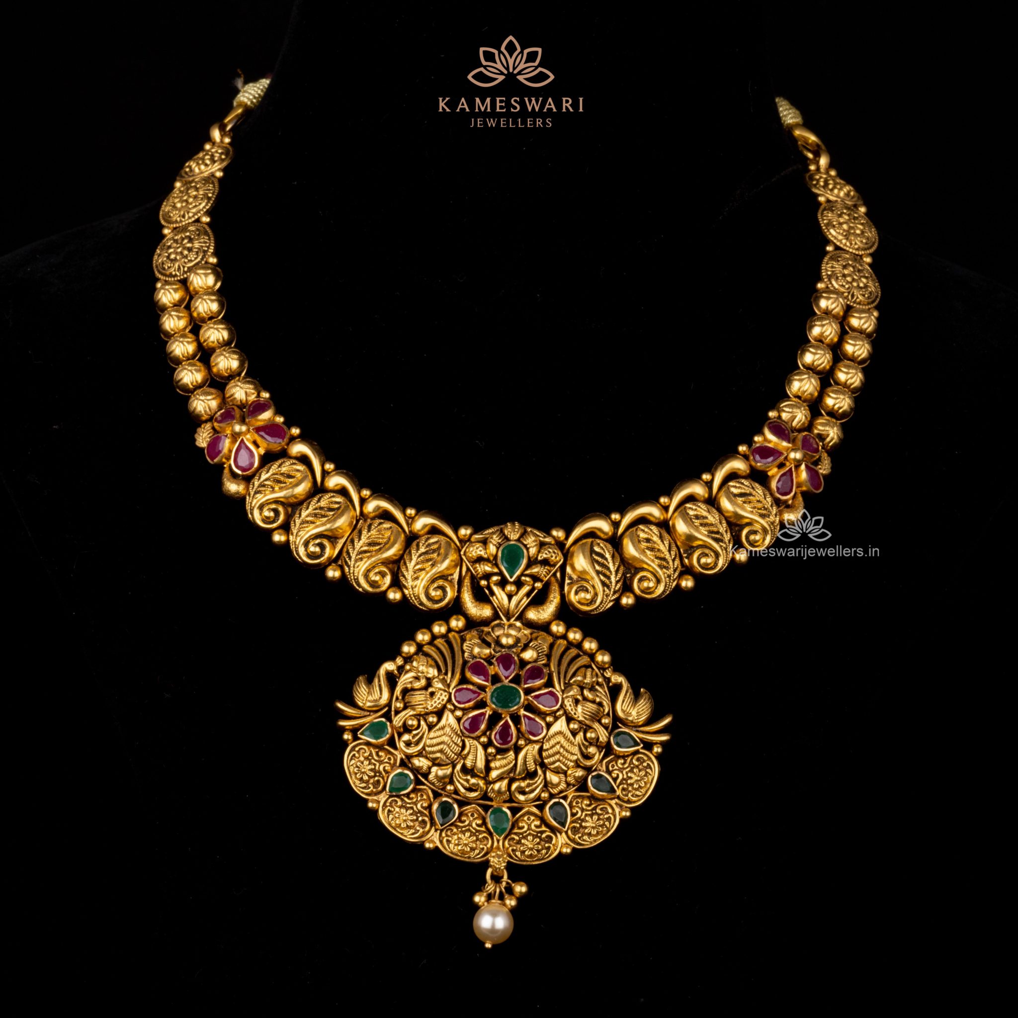Antique Pachi Ruby Emerald Necklace | Kameswari Jewellers