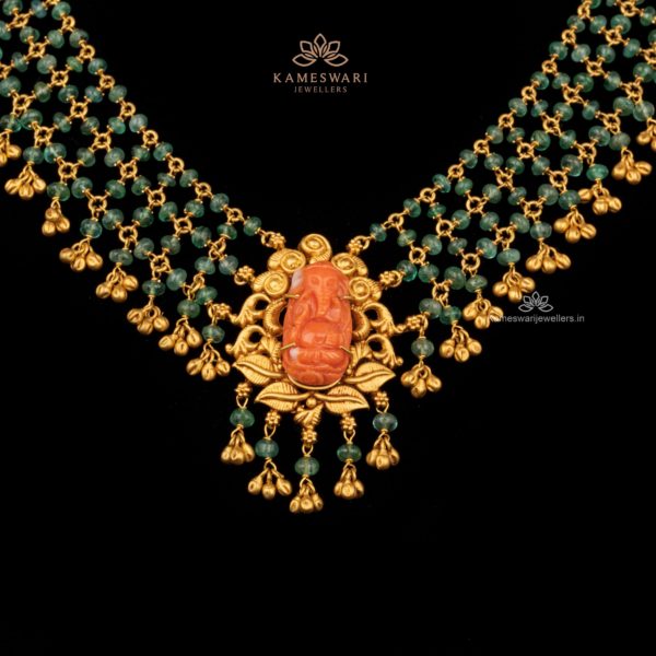 Jaali Style Emerald and Coral Ganesh Necklace