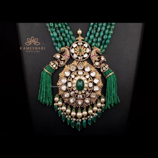 Vibrant Emerald Bead Haram with Peacock Pendant | Kameswari Jewellers