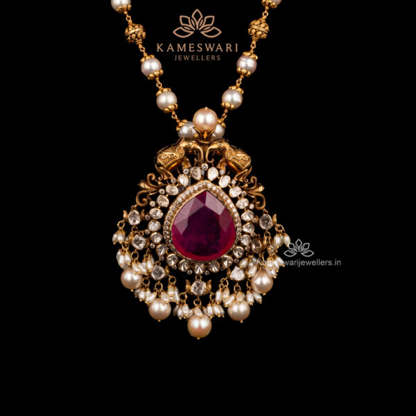 Majestic Ruby Pearls and Polki Pendant | Kameswari Jewellers