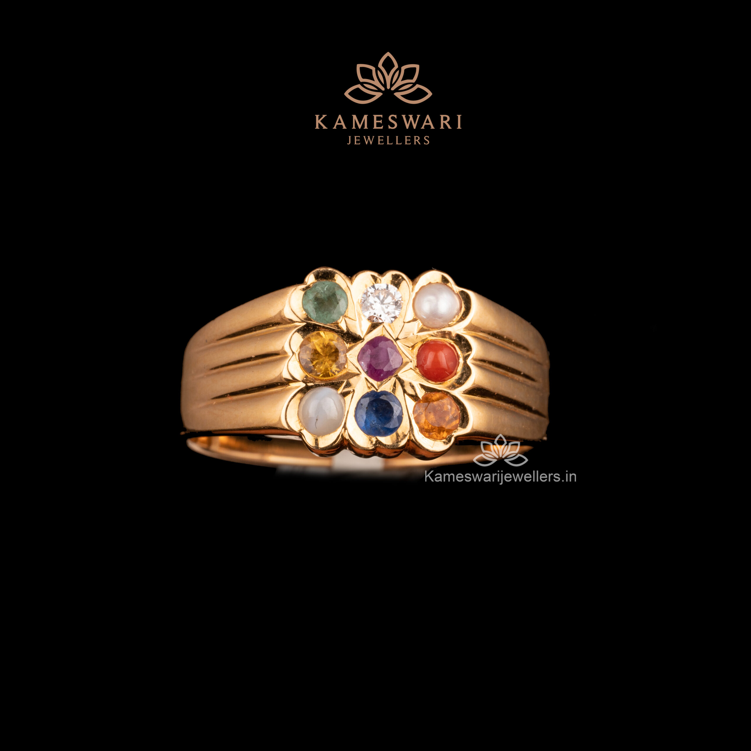 22K Navratan Men Ring - RiMs3859 - 22K Gold Navratan Ring studded with  ruby, emerald, sapphire, cubic zercon ,coral, pearl, garnet, cat