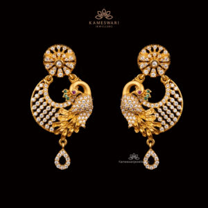 CZ embellished Chanbali earrings with peacock design and drop detail.