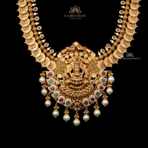 Splendid Pachi Haram with Intricate Lakshmi Design and Pearl Droplets | Kameswari Jewellers