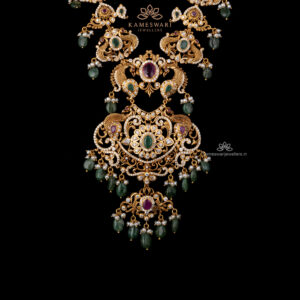Pachi Haram with Gemstones and Elegant Peacock Motifs | Kameswari Jewellers