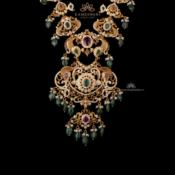 Pachi Haram with Gemstones and Elegant Peacock Motifs | Kameswari Jewellers