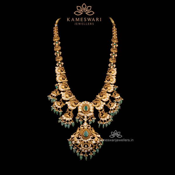 Royal Pachi Haram with Peacock Design and Emerald Beads