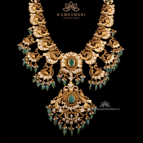 Royal Pachi Haram with Peacock Design and Emerald Beads