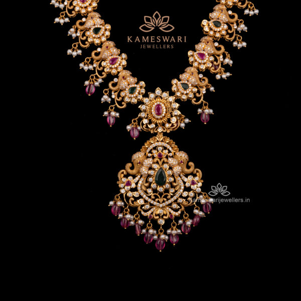 Pachi Haram crafted with Elephant Motif and Ruby Beeds