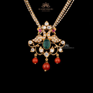 CZ pendant with synthetic rubies, emerald, and coral drops.