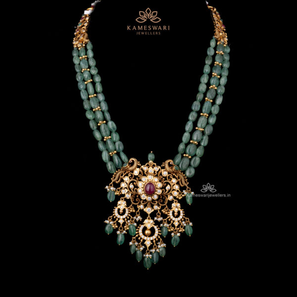 Elegant Pachi Necklace with Emerald Beads and Traditional Pendant | Kameswari Jewellers