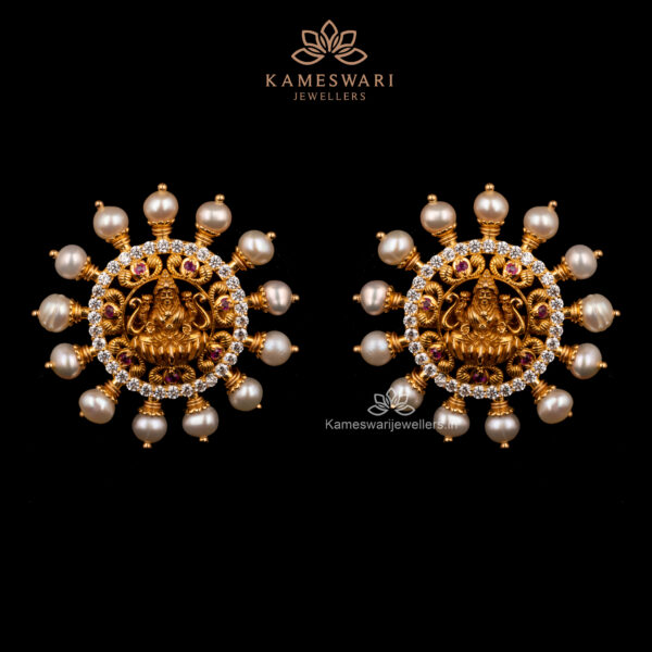 Goddess Lakshmi and Pearl stud Earrings |Kameswari Jewellers