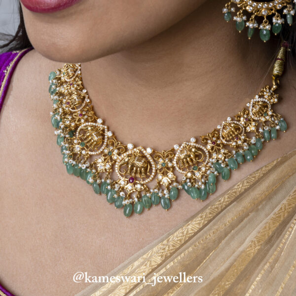 Pachi Necklace with Emerald Beads and Intricate Elephant Pendant | Kameswari Jewellers