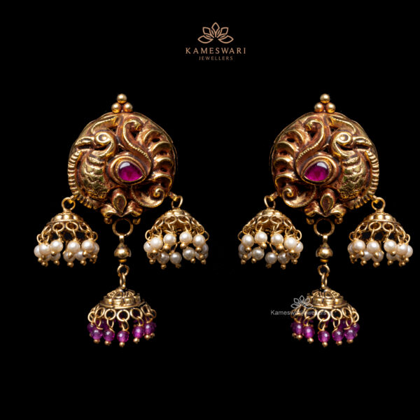 Elegant Gold Peacock Jhumkas with Rubies and Pearls | Kameswari Jewellers