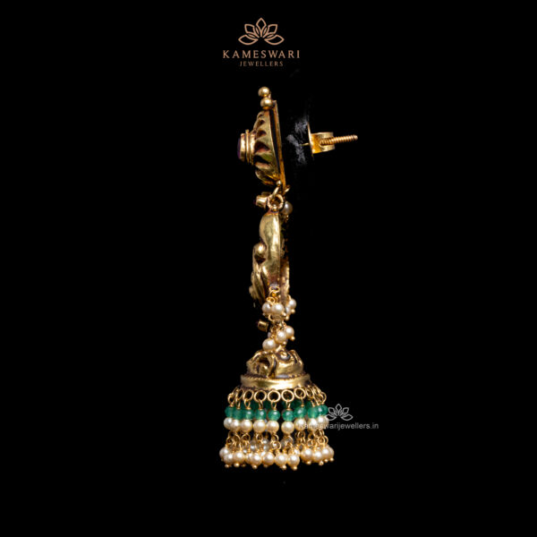 Traditional Gold Jhumkas with Ruby & Pearl Accents by Kameswari Jewellers