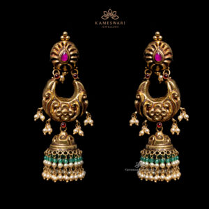 Traditional Gold Jhumkas with Ruby & Pearl Accents by Kameswari Jewellers
