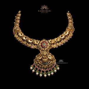 Exquisite Gold Necklace with Peacock, Elephant, and Goddess Motifs by Kameswari Jewellers